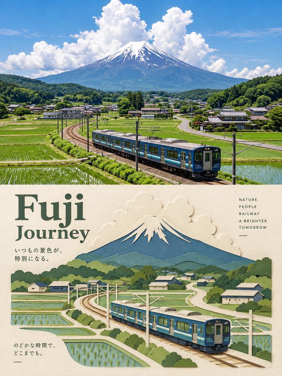 一幅垂直分栏的旅行海报,上半部分是摄影实景,下半部分是同一场景的3D分层纸艺插画。, 图片 1