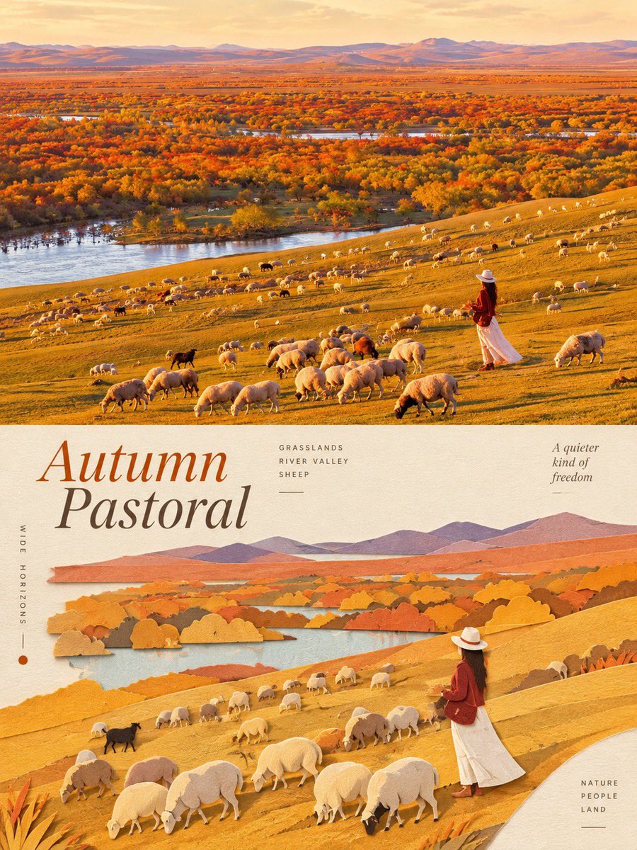 一幅垂直分栏的旅行海报,上半部分是摄影实景,下半部分是同一场景的3D分层纸艺插画。, 图片 2