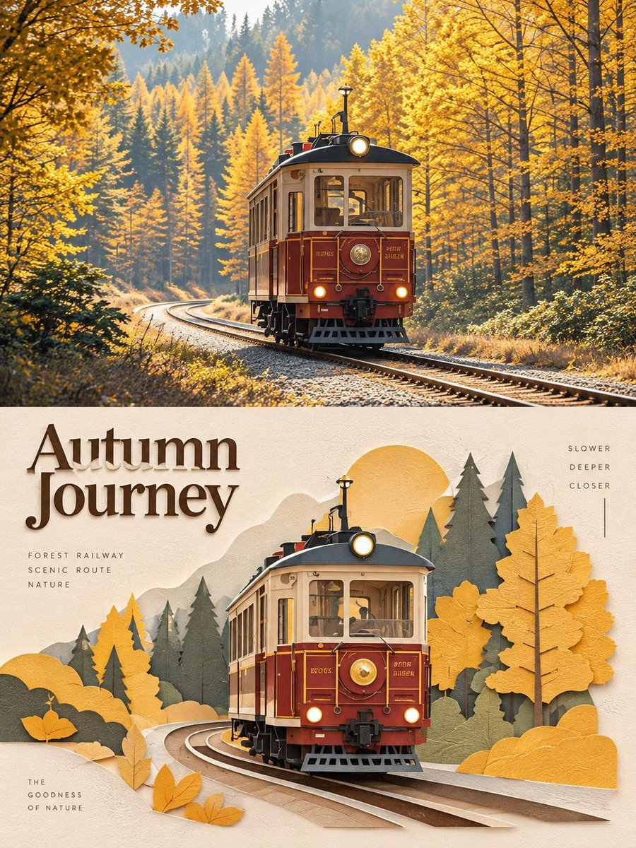 一幅垂直分栏的旅行海报,上半部分是摄影实景,下半部分是同一场景的3D分层纸艺插画。, 图片 3