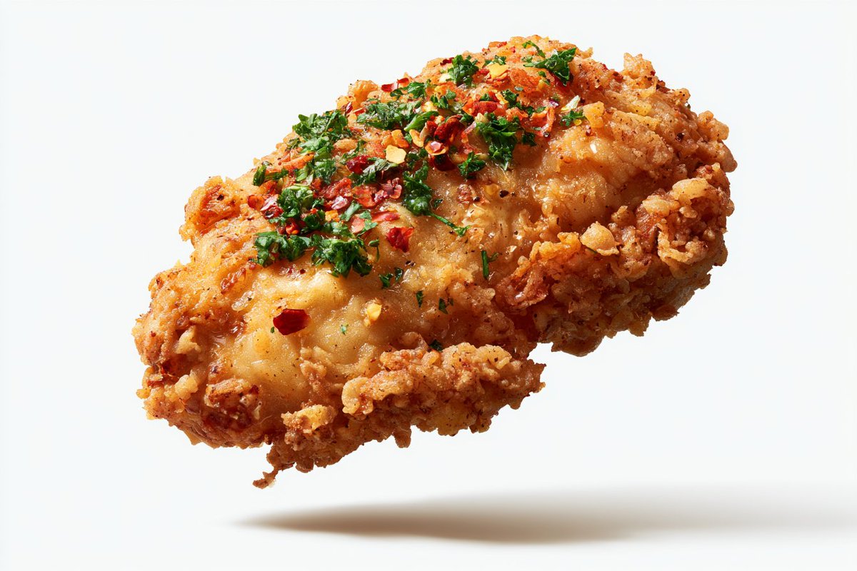 [主体]顶部装饰着[配料]，悬浮于半空中，以纯净的白色孤立背景衬托，高端美食摄影，丰富的自然表面纹理，开胃的细节，逼真的纤维与水分，细腻的调味…, 图片 1