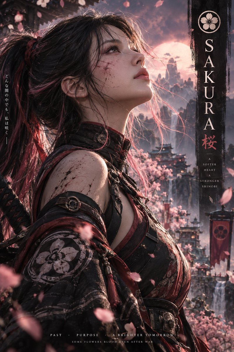 灵感源自传奇忍者世界与现代动漫电影的极致电影感动漫角色海报，采用高端动漫–写实混合风格的真实女战士。竖版电影海报构图，胸部以上侧脸近景特写，目…, 图片 1
