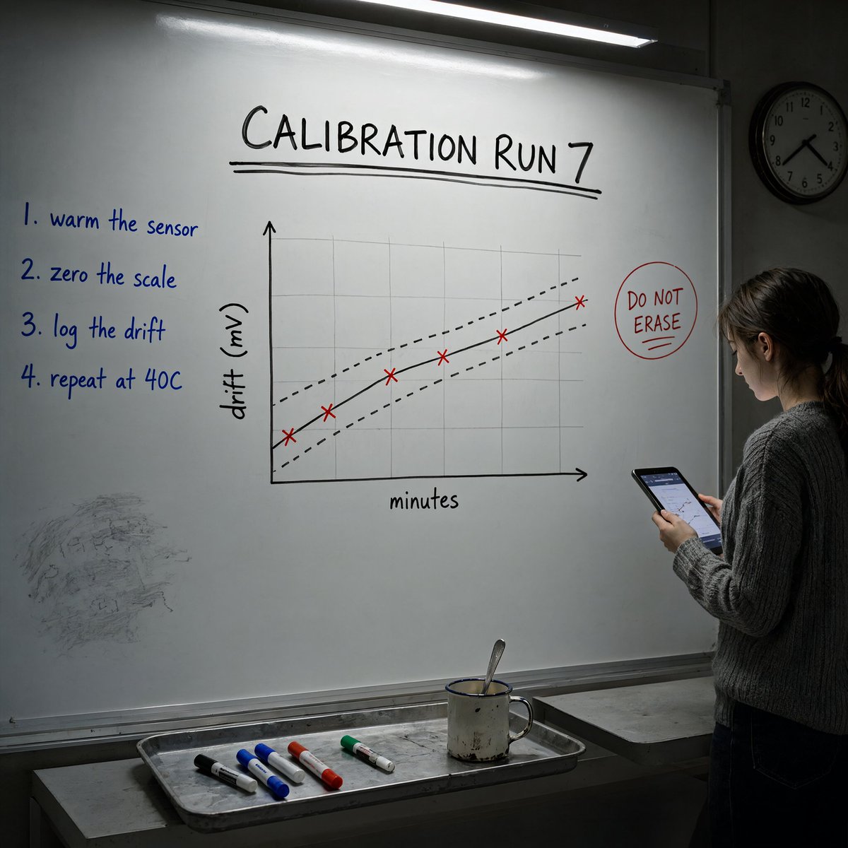 "The image is a wide realistic photograph of a research lab whiteboard at night…