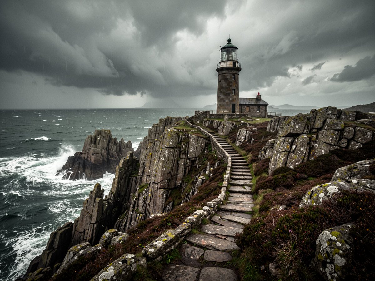 Weathered archival photograph of a solitary stone lighthouse atop a rugged rock…