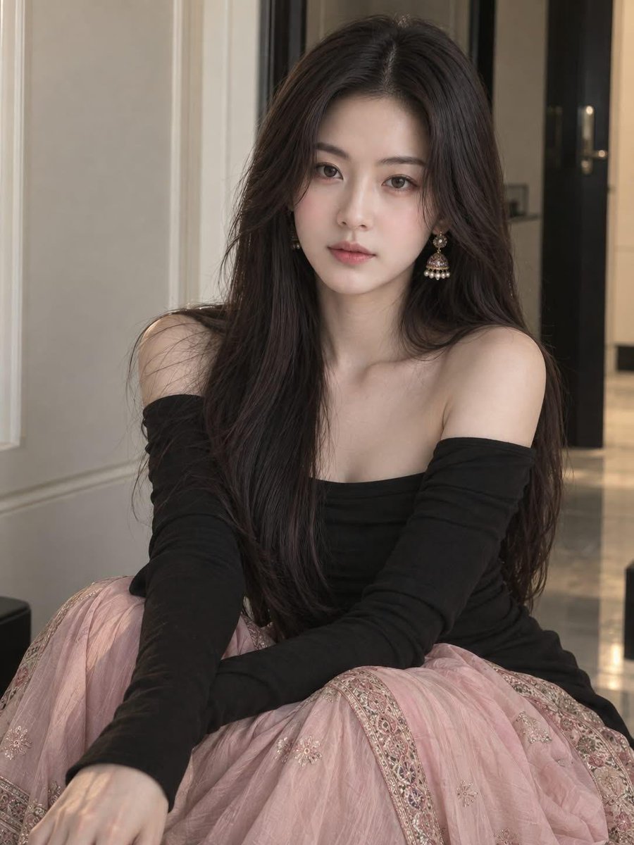 一张超现实、精致优雅的年轻南亚女性室内坐姿肖像。她有着一头浓密的深棕色长发,中分,自然地披落在双肩之上。她的五官精致,皮肤质感自然,妆容柔和,…, 图片 1