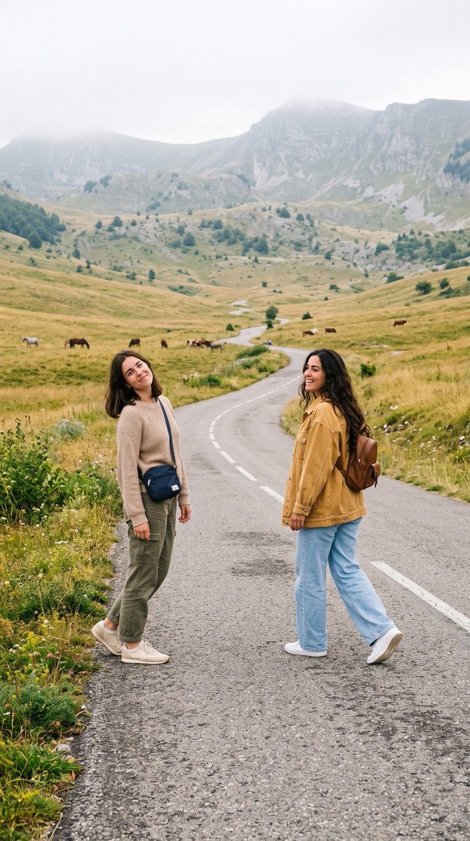 Create a completely original 9:16 vertical lifestyle travel photograph inspired…