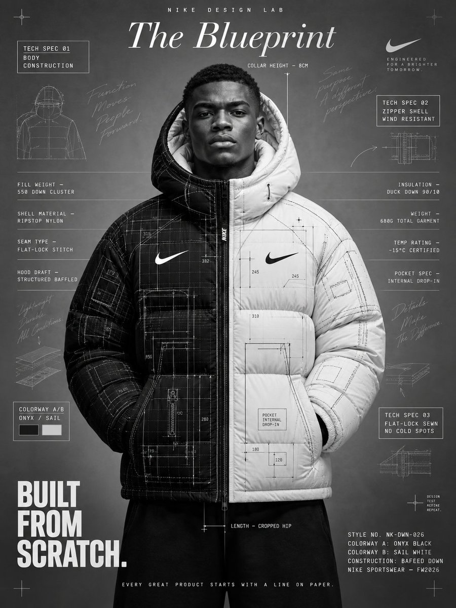 创作一张高端概念 Nike 产品广告海报,方形 4:3 比例,完全黑白单色。"THE BLUEPRINT"——设计师对 Nike 羽绒服的技术…, 图片 1