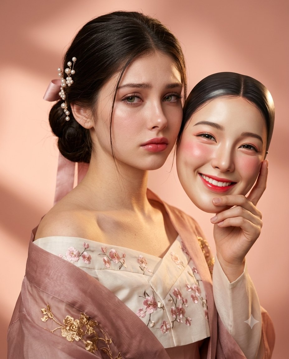 超写实电影级美女人像，保留参考面部的精确面部身份和可识别特征。她身穿优雅的传统风格韩国韩服，色调为柔和的腮红粉和象牙白。她有一头深黑色长发，梳…, 图片 1