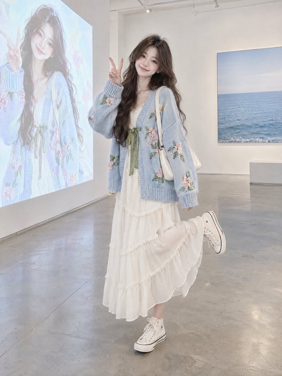 A photorealistic full-body fashion portrait of a young woman posing playfully i…