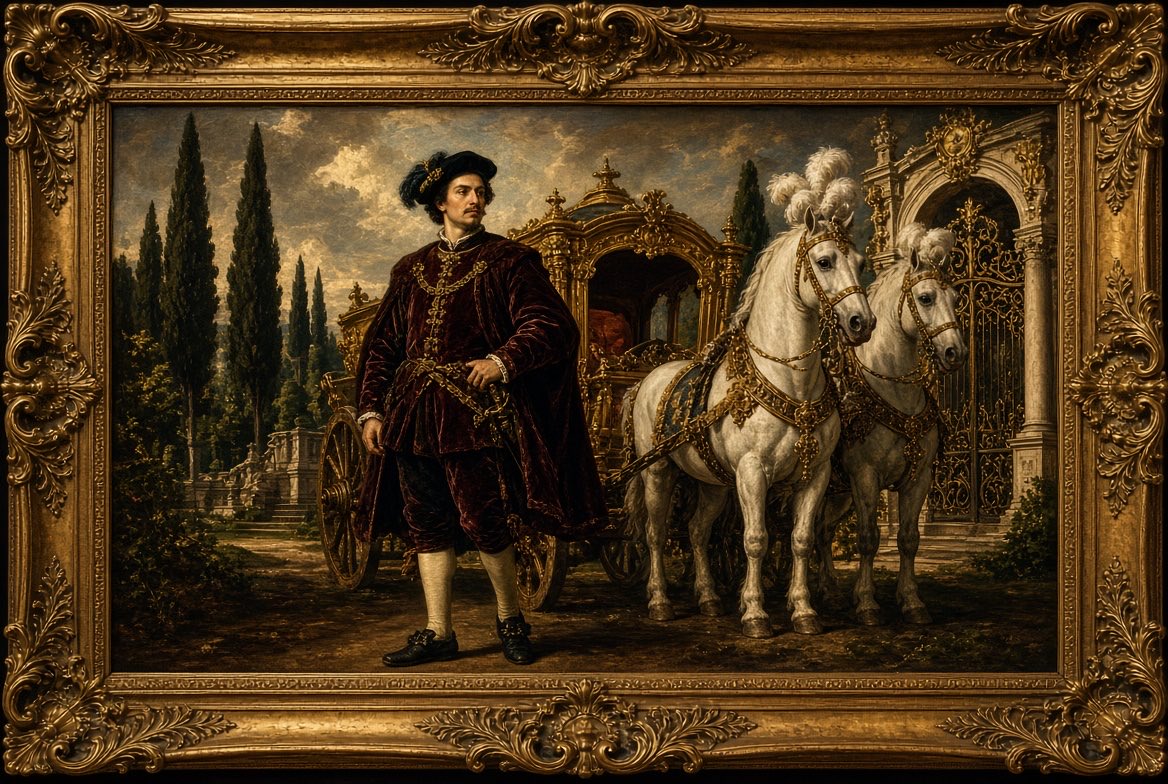 Prompt Share: A masterful antique oil painting in the dramatic Baroque style of…