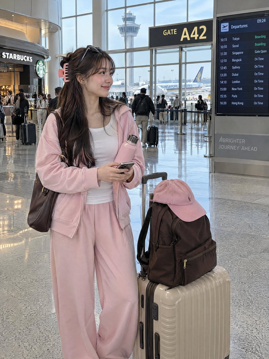 一张照片写实风格的自然抓拍旅行照片,拍摄一位年轻女性站在一座明亮现代的国际机场航站楼内,靠近一个登机口。她有一头柔顺的深棕色长发,半扎发型用一…, 图片 1