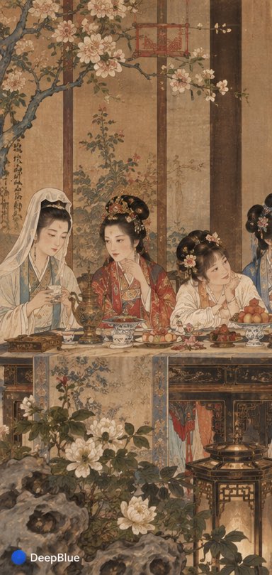 《红楼梦·群芳夜宴》 × 《最后的晚餐》13人经典群像构图 × 仅借用横向群像结构 × 约1.9:1宽幅 × 画面左侧6人:妙玉、王熙凤、史湘云、探春、李纨、…