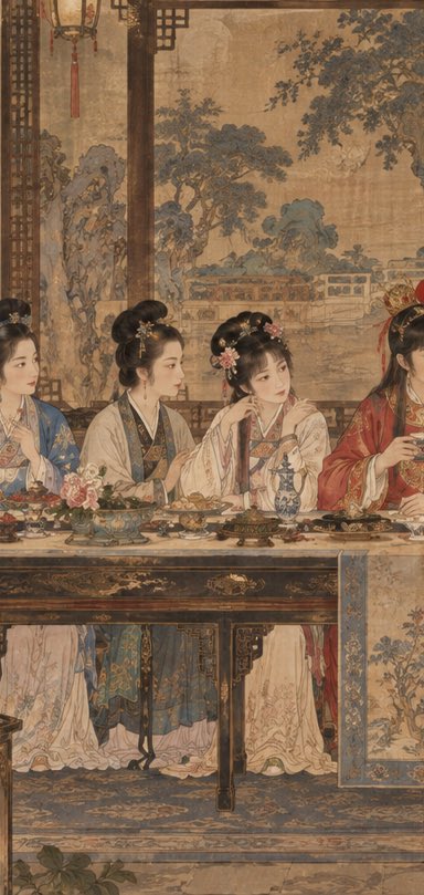 《红楼梦·群芳夜宴》 × 《最后的晚餐》13人经典群像构图 × 仅借用横向群像结构 × 约1.9:1宽幅 × 画面左侧6人：妙玉、王熙凤、史湘…, 图片 2