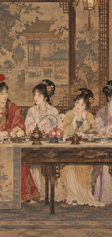 《红楼梦·群芳夜宴》 × 《最后的晚餐》13人经典群像构图 × 仅借用横向群像结构 × 约1.9:1宽幅 × 画面左侧6人：妙玉、王熙凤、史湘…, 图片 3