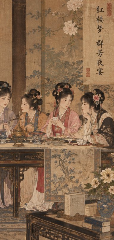 《红楼梦·群芳夜宴》 × 《最后的晚餐》13人经典群像构图 × 仅借用横向群像结构 × 约1.9:1宽幅 × 画面左侧6人：妙玉、王熙凤、史湘…, 图片 4