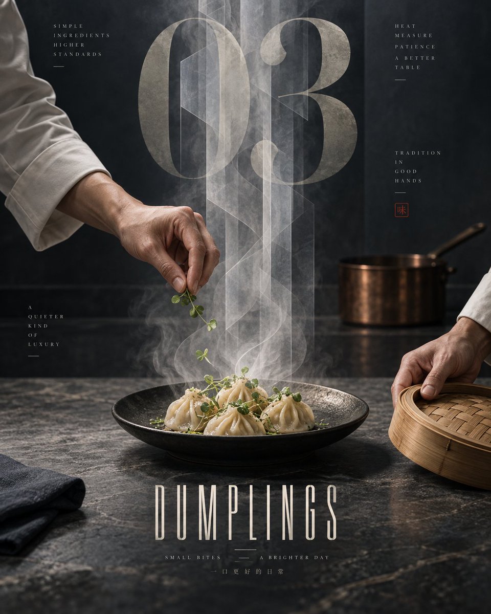 竖向 4:5 编辑级食物海报,画面中央是一份手工蒸饺,置于深色锤纹陶瓷盘中,搁于炭灰色石质台面上。构图居中,极具建筑感。, 图片 3
