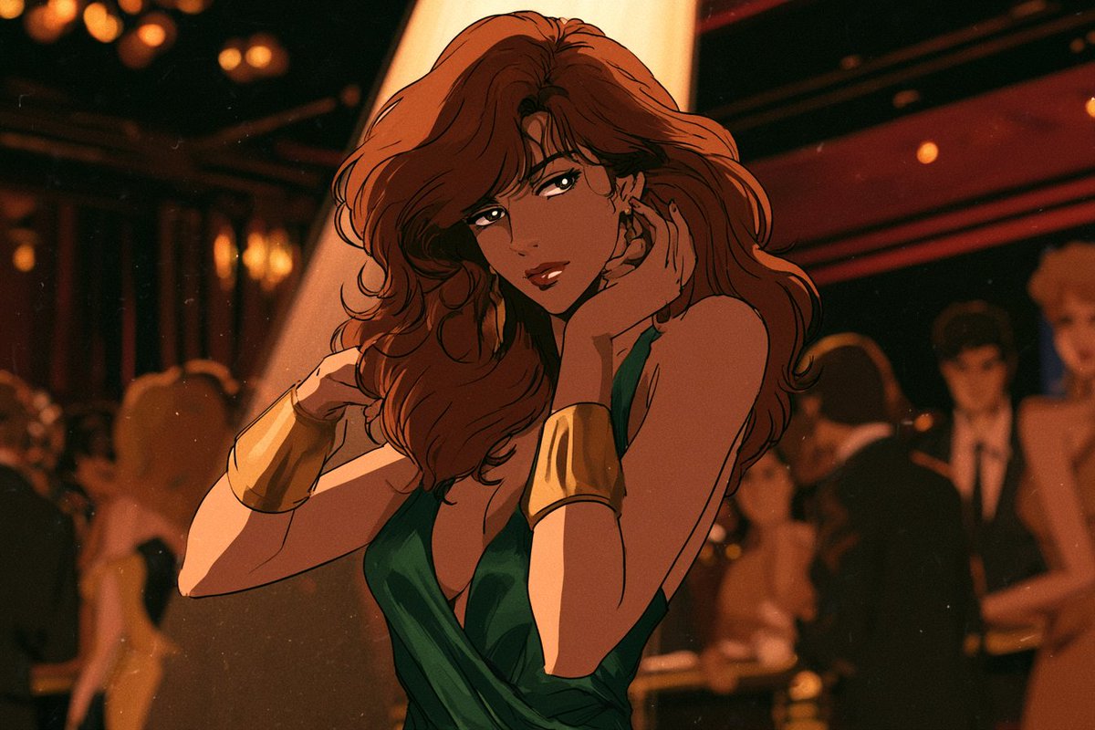 精致的成年[character]身处奢华的1980年代[setting],复古手绘动漫风格,[hair],犀利传神的双眼,优雅成熟的五官,身着…, 图片 1