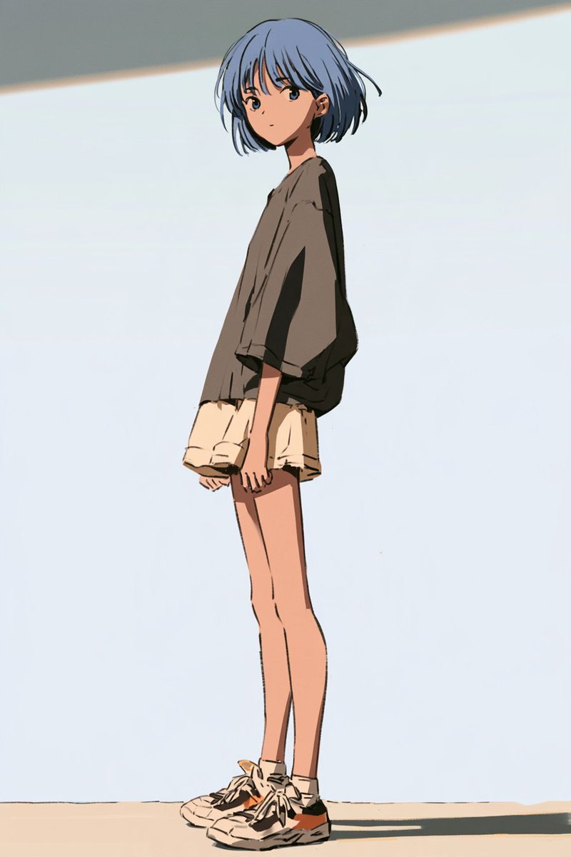 使用 @[character ref] 作为唯一的角色与视觉风格参考：保留小女孩的脸、年龄、蓝灰色波波头、宽松的炭灰-灰褐色 T 恤、米色翻边…, 图片 1