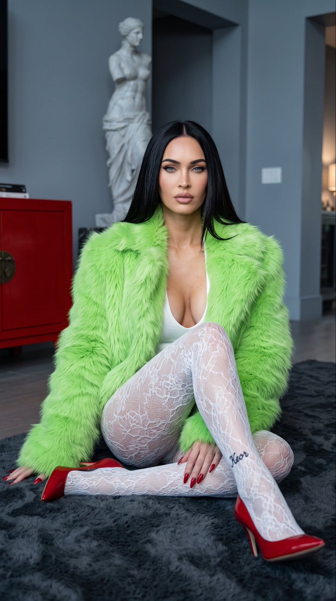 超写实 9:16 高时尚人像，年轻成年女性 megan fox 坐在一间宽敞的深色豪华客厅内的奢华绒面地垫上。她正面朝向镜头，脸部完全可见，长…, 图片 1