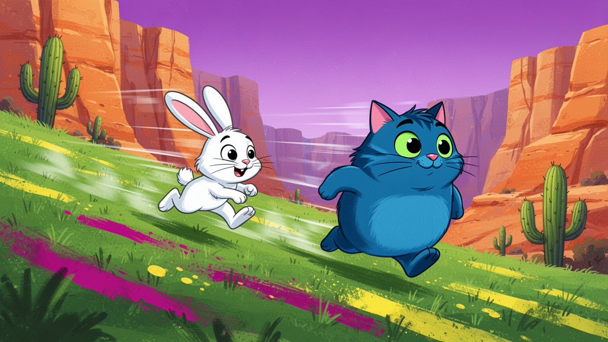 "Stylized 2D animation still: a small white rabbit sprinting downhill racing a …