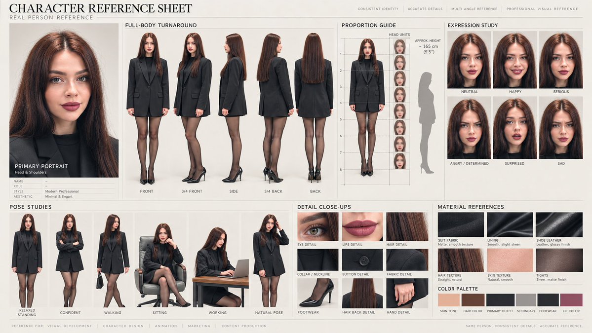 Create a premium production-ready character reference sheet using the uploaded …
