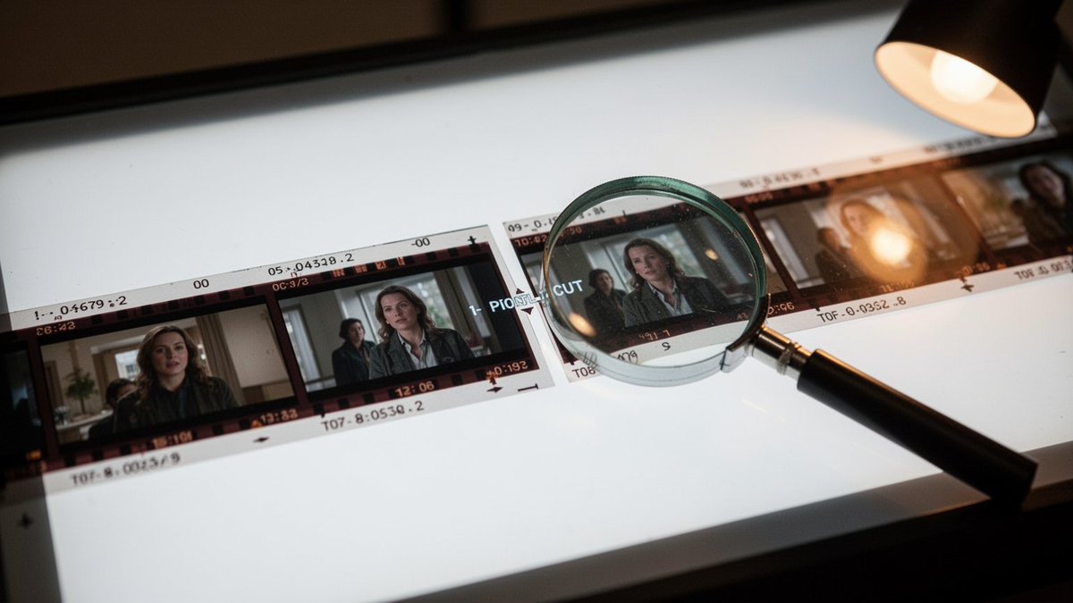 "Macro shot of a film-editing contact sheet: a horizontal filmstrip of sequenti…