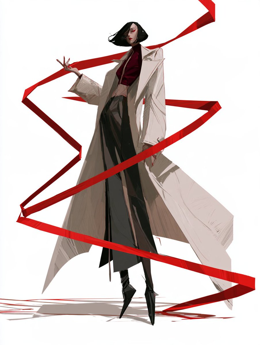 千代女士，赤缎幻影，高级时装刺客。二十出头的极高挑成年女性，锋利如刀刃的乌黑波波头，高颧骨，面无表情的怒视。身穿剪裁挺括的骨白色长款风衣，敞开…, 图片 1