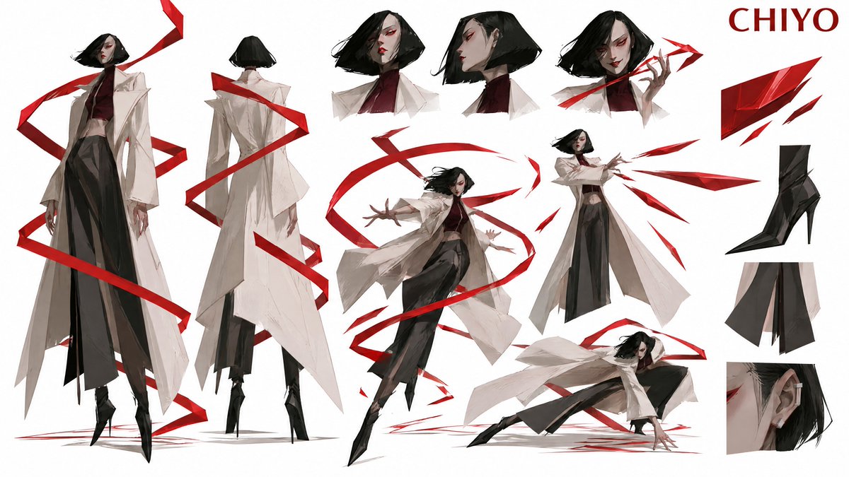 千代女士，赤缎幻影，高级时装刺客。二十出头的极高挑成年女性，锋利如刀刃的乌黑波波头，高颧骨，面无表情的怒视。身穿剪裁挺括的骨白色长款风衣，敞开…, 图片 2