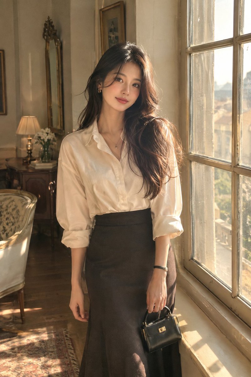 创作一张高度逼真的美学人像照：一位优雅的成年女性站在一间洒满阳光的美丽房间中一扇大型复古窗旁。她拥有一头自然飘逸的深色长发、柔和而富有表现力的…, 图片 1