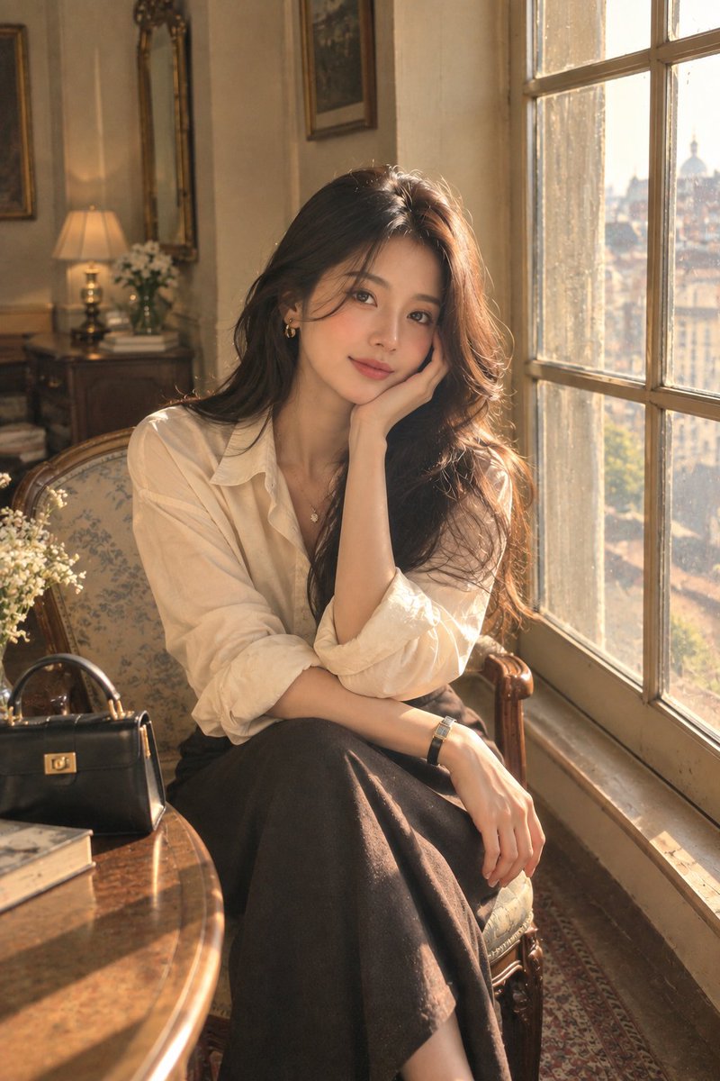 创作一张高度逼真的美学人像照：一位优雅的成年女性站在一间洒满阳光的美丽房间中一扇大型复古窗旁。她拥有一头自然飘逸的深色长发、柔和而富有表现力的…, 图片 2