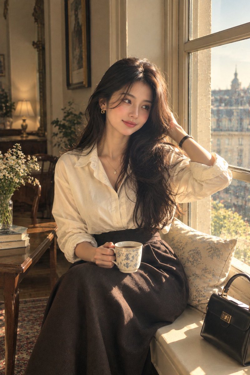 创作一张高度逼真的美学人像照：一位优雅的成年女性站在一间洒满阳光的美丽房间中一扇大型复古窗旁。她拥有一头自然飘逸的深色长发、柔和而富有表现力的…, 图片 3