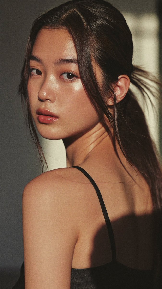 年轻东亚女性的真人电影级风格人像,留着一头稍显凌乱的长发,深棕色中透出温暖的高光,她微微回头越过左肩望向镜头,神情柔和而略带神秘。她五官精致,…, 图片 2