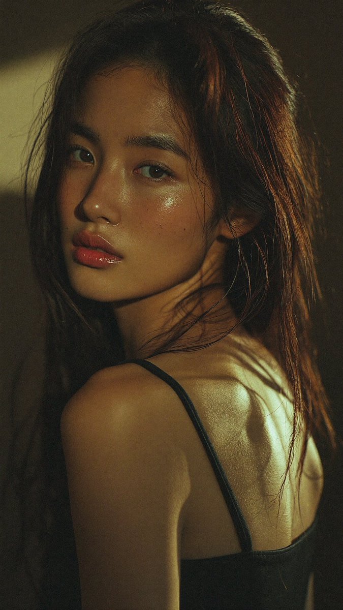 年轻东亚女性的真人电影级风格人像,留着一头稍显凌乱的长发,深棕色中透出温暖的高光,她微微回头越过左肩望向镜头,神情柔和而略带神秘。她五官精致,…, 图片 4