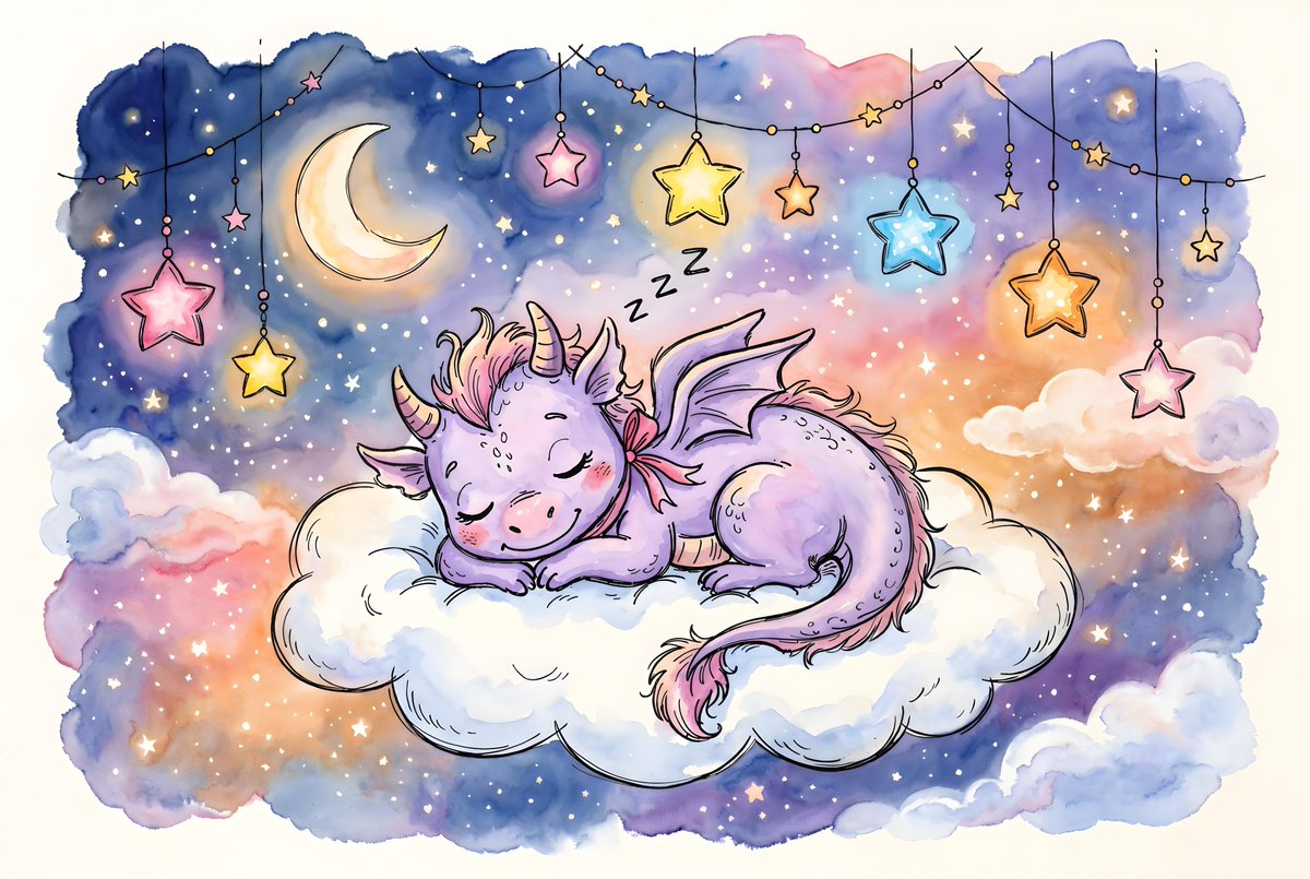 A cute, lavender-colored baby dragon with pink accents on its mane and tail is …