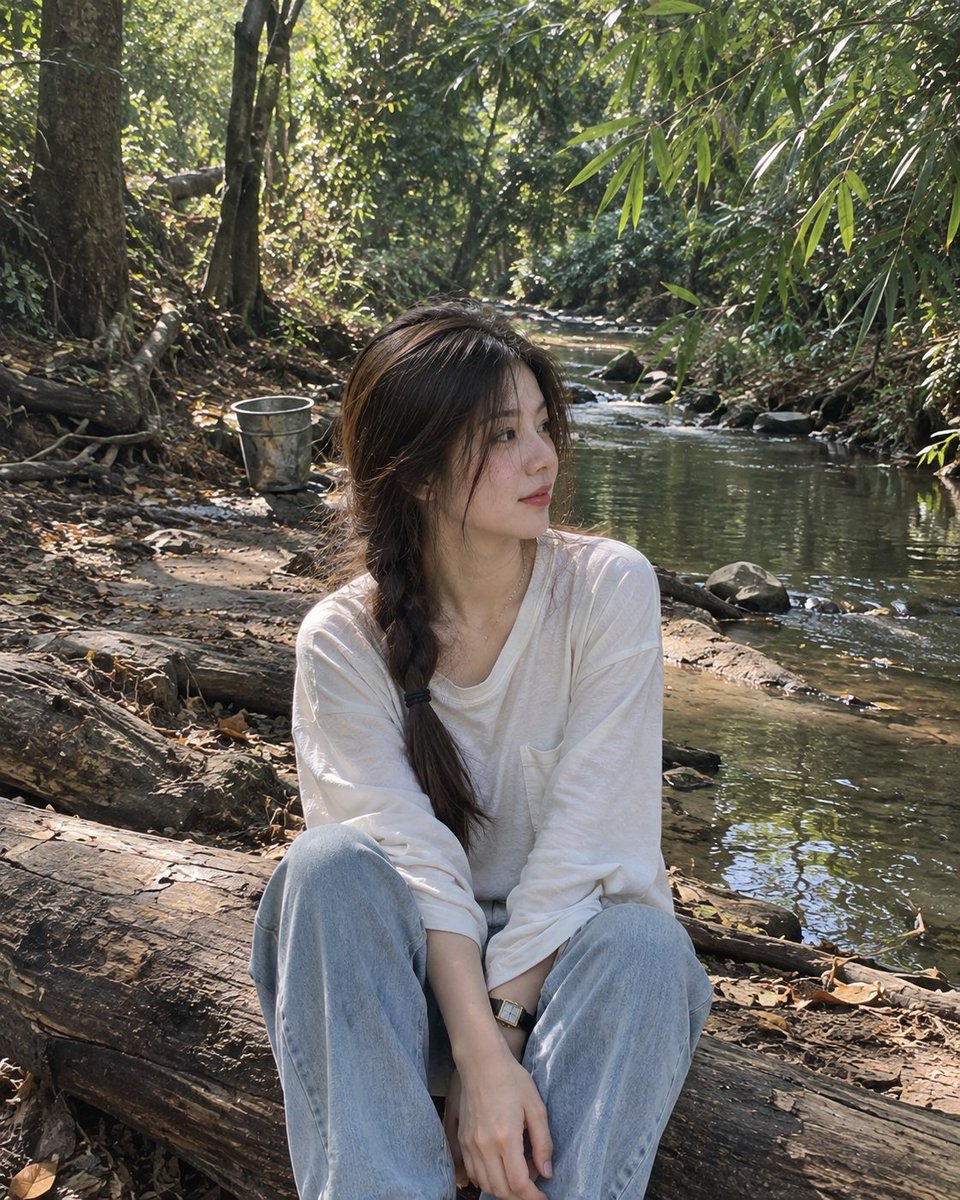 一张照片级写实的抓拍肖像：一位年轻女子安静地坐在一棵倒下的树干上，身旁是一条平静而狭窄的森林溪流。她有一头深棕色长发，编成松散的侧边麻花辫，几…, 图片 1