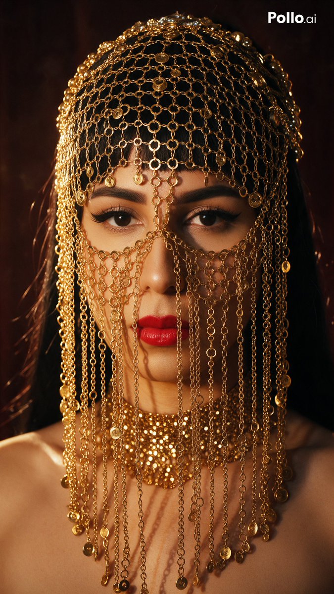 高级珠宝美妆大片,《意大利 Vogue》与 Numéro 杂志风格。亲密的近景肖像,画面中是一位成年女性,佩戴着精致的金色锁子甲面纱,由成千上…, 图片 2
