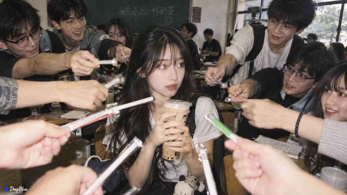 大学课室 × 班花刚拿奶茶 × 众人递吸管 × 《西西里的美丽传说》群体互动构图 × iPhone抓拍 × CCD胶片感, 图片 2