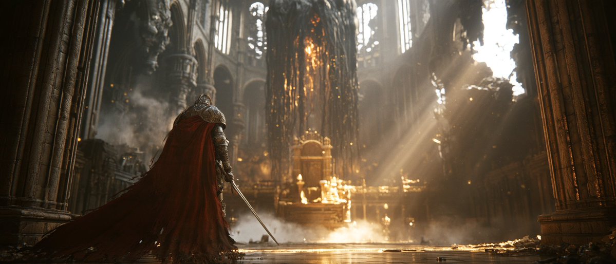 Ultra-detailed CGI, 16:9, Unreal Engine 5.4. A battle-worn knight in etched, ch…