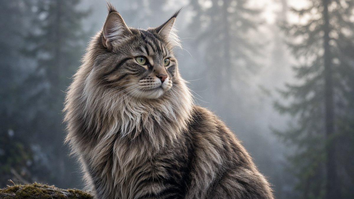 Misty woodland Norwegian Forest prompt majestic Norwegian Forest cat three-quar…