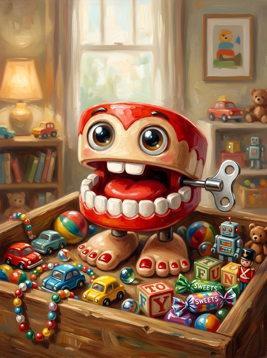 一幅特写、平视视角的镜头,采用奇趣的油画风格Q版(chibi)绘画,主体是位于画面中央、格外醒目的一个夸张可爱的上弦滑稽牙齿玩具,侧面伸出一把…, 图片 1