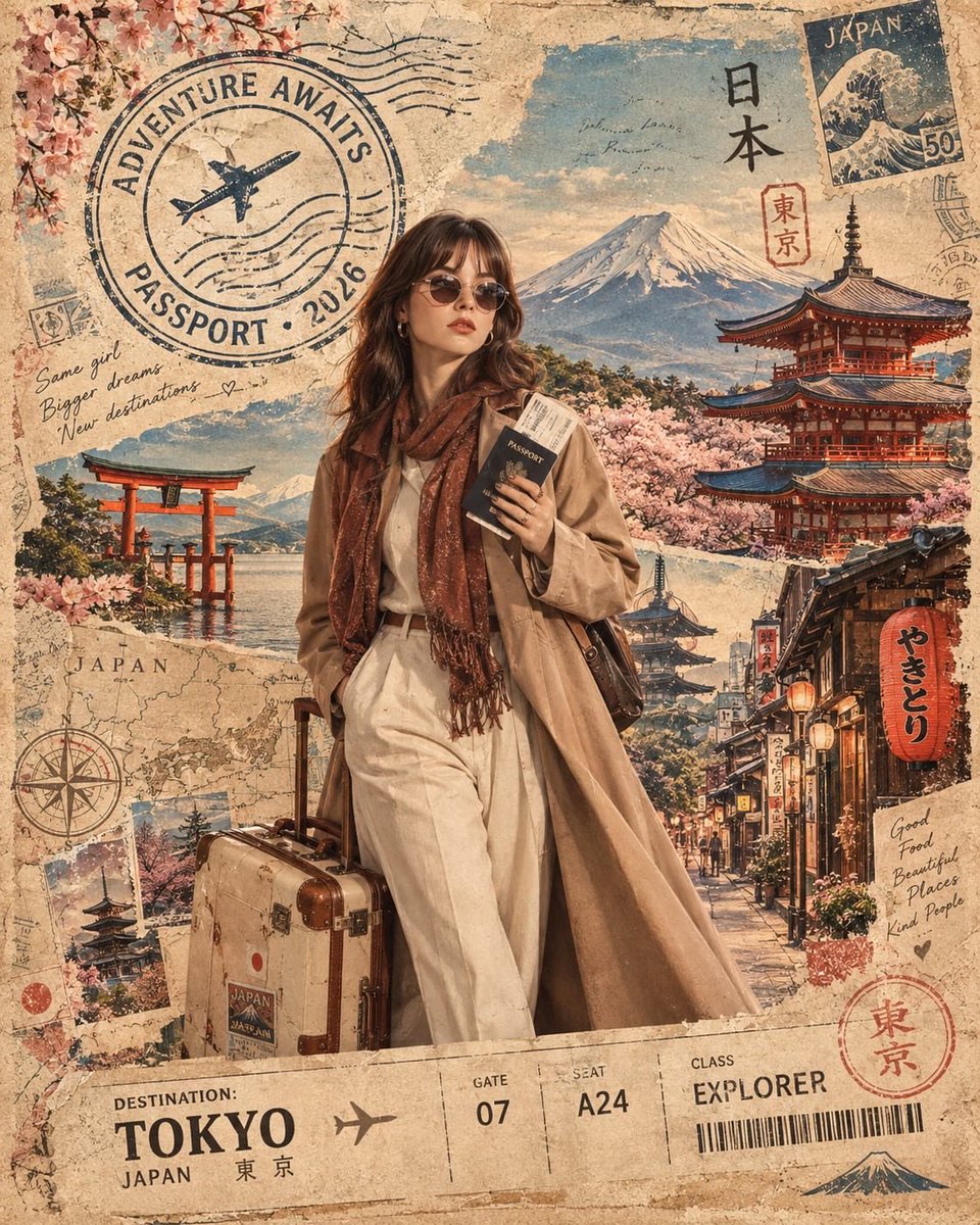 创作一幅高级电影感的旅行编辑风格人像,灵感来自复古护照印章、机票和奢华目的地明信片。, 图片 1
