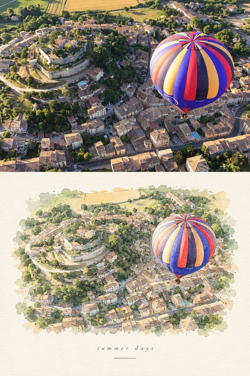 基于一张参考照片，创作一幅精致的编辑级旅行艺术构图。该画面在垂直方向上分为两个部分：上部是一张真实的电影感旅行摄影照片，下部则将完全相同的场景…, 图片 2