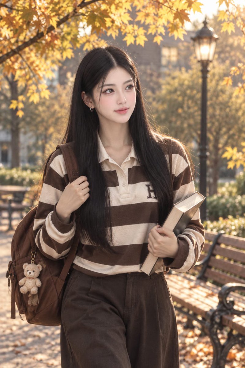 在美丽的秋季公园里创作一张照片写实风格的年轻女性图像,使用提供的参考面部,保持相同的五官特征和自然的表情。保持她长长的、直发的、中分的黑色头发…, 图片 1