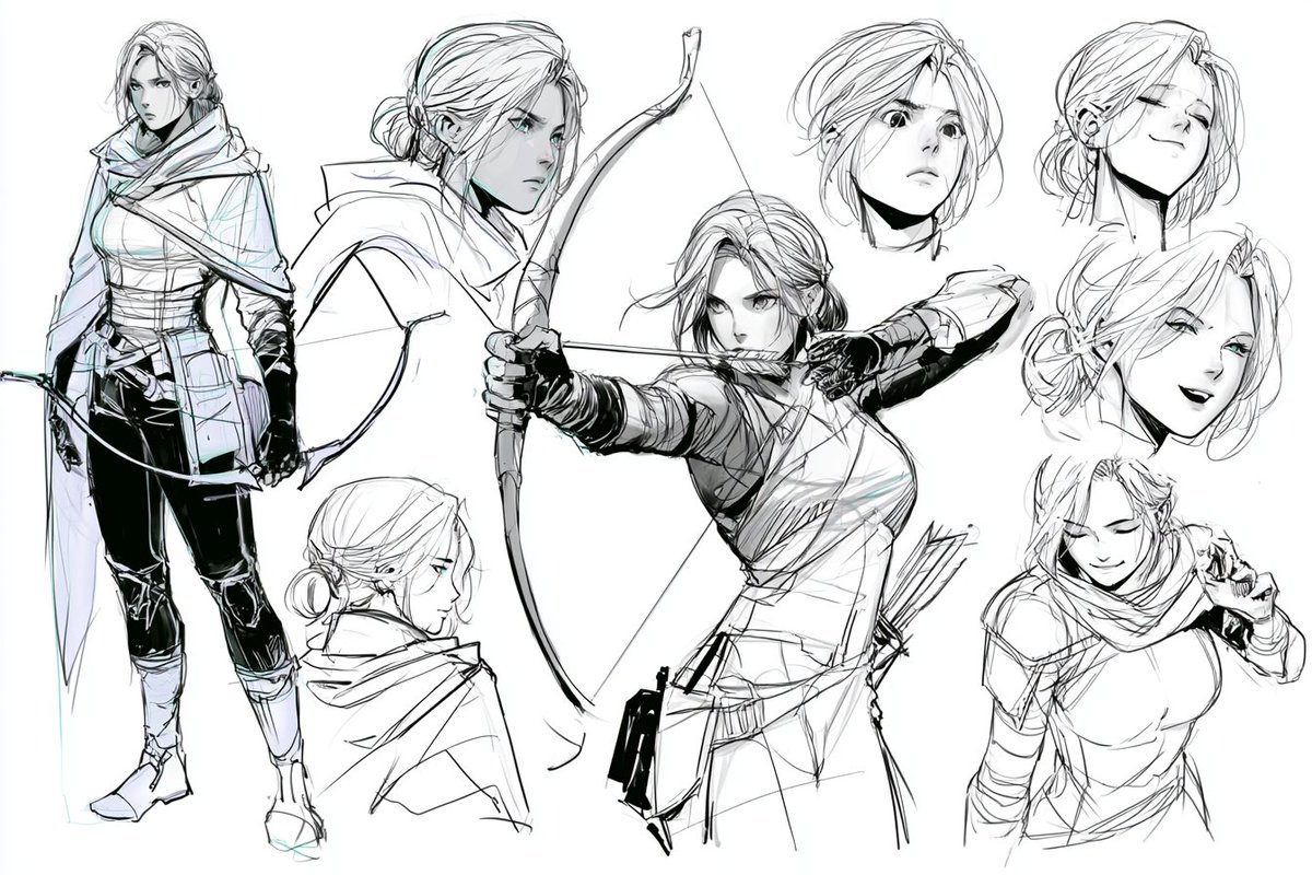 Character sheet sketch of a [subject], multiple full-body angles, head studies,…
