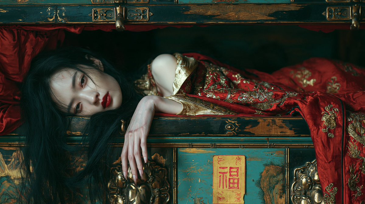 电影级超写实中国哥特超自然肖像,16:9,85mm 浅景深,胶片颗粒,低调照明,聚焦于眼睛。一位令人难忘的美丽年轻东亚女幽灵斜倚在一具奢华的传…, 图片 1