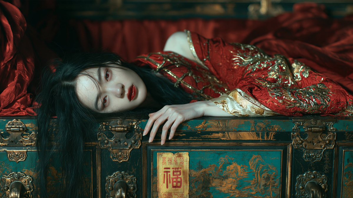 电影级超写实中国哥特超自然肖像,16:9,85mm 浅景深,胶片颗粒,低调照明,聚焦于眼睛。一位令人难忘的美丽年轻东亚女幽灵斜倚在一具奢华的传…, 图片 2
