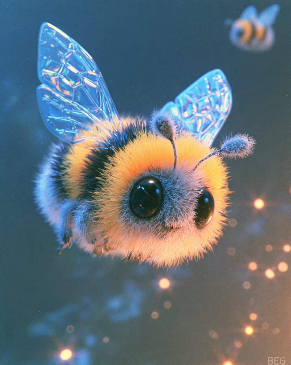 A close-up, low-angle shot features a fluffy, cartoonish bumblebee with large, …