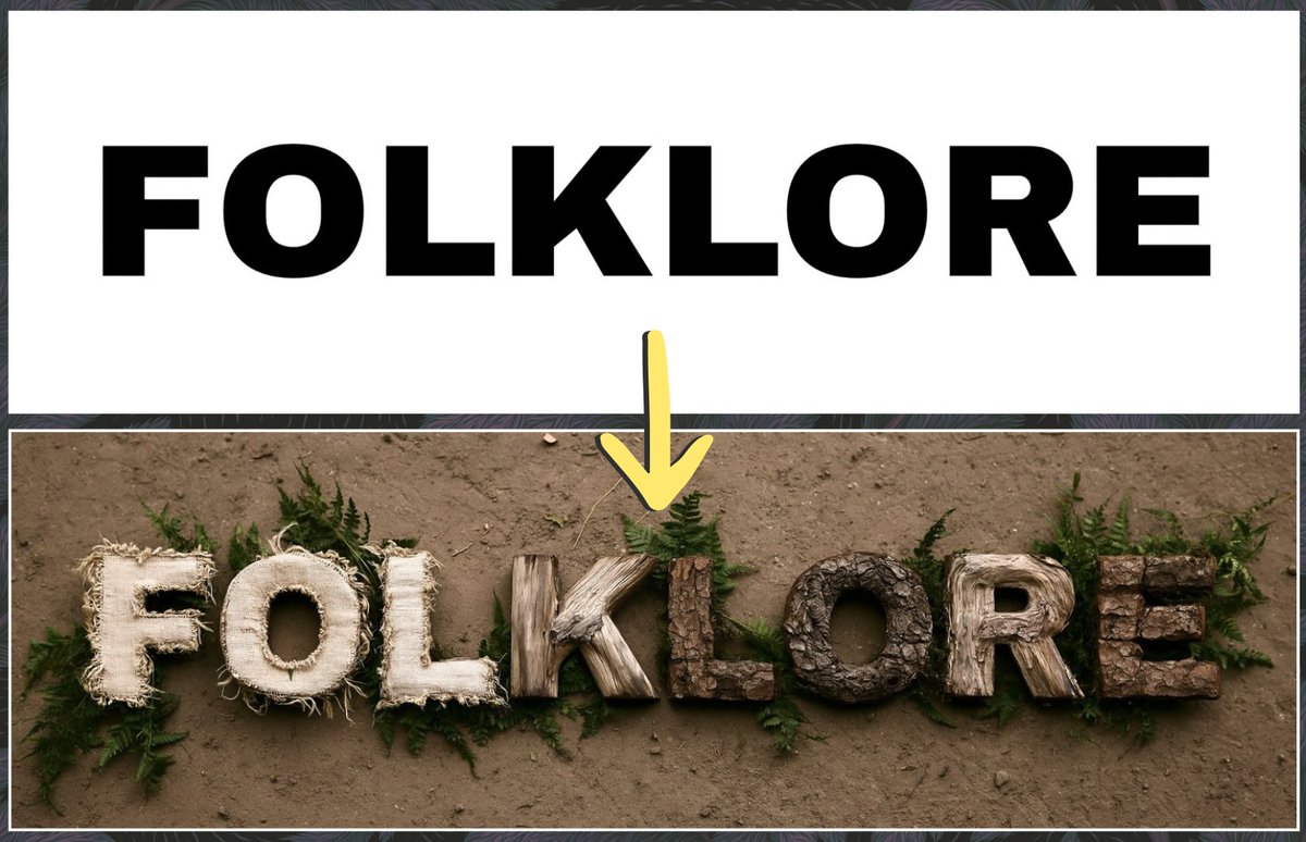 make it so this word is made from frayed canvas, knotty wood, bark, and tiny fe…