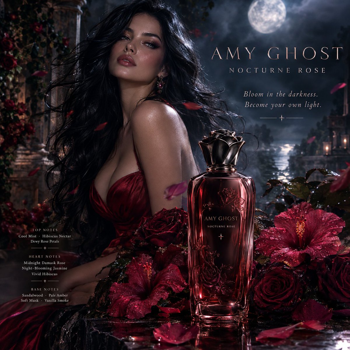 我让AI把Amy Ghost —— Nocturne Rose（夜曲玫瑰）—— 赋予生命。🌹🌙 一款诞生于午夜玫瑰、木槿花、蜕变、神秘，以…, 图片 1