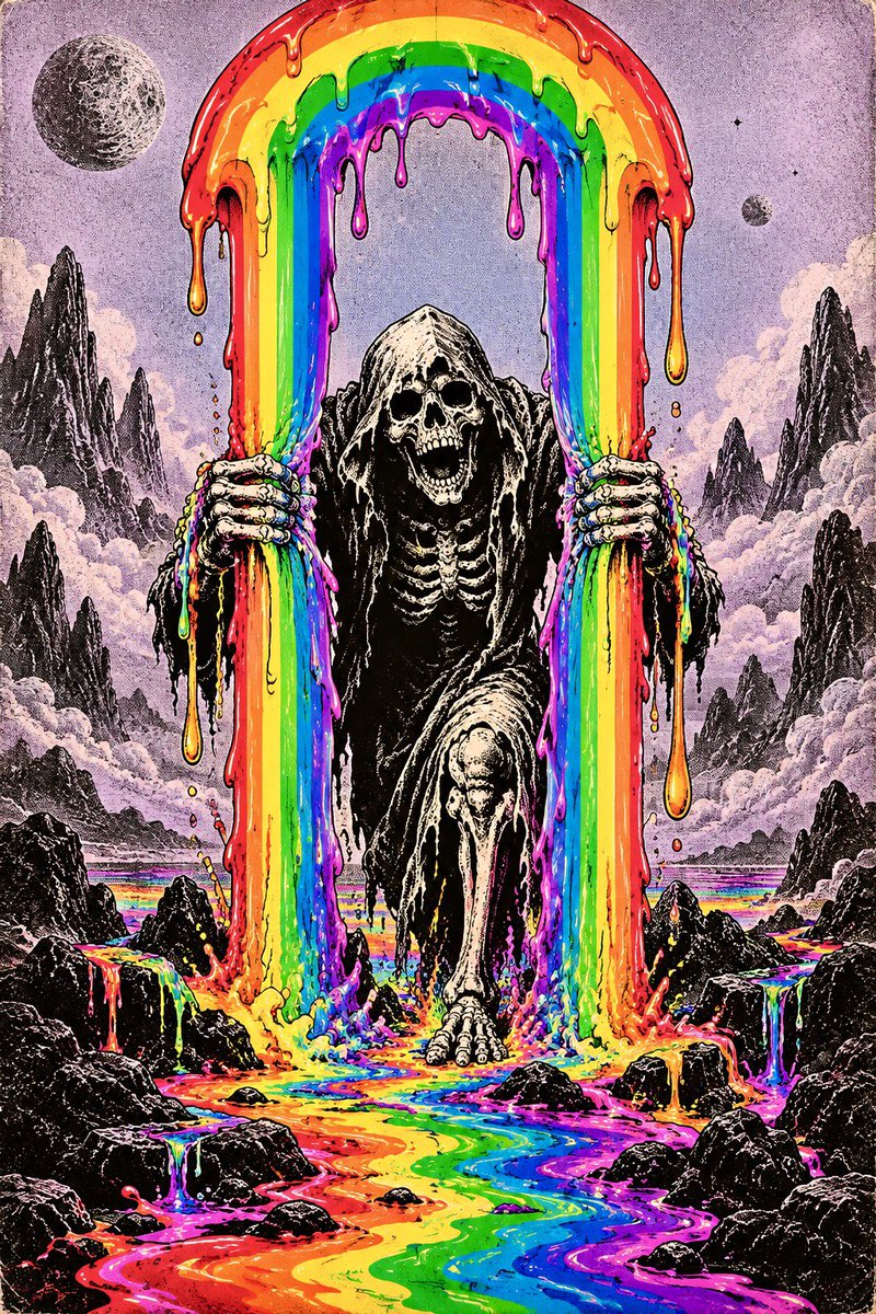 一幅超现实迷幻海报插画,一个骷髅死神身影从高大的彩虹拱门中浮现,双手握住两道垂直流淌的彩色液体,仿佛扯开的帘幕。骷髅头与身体以鲜明的黑白对比呈…, 图片 1