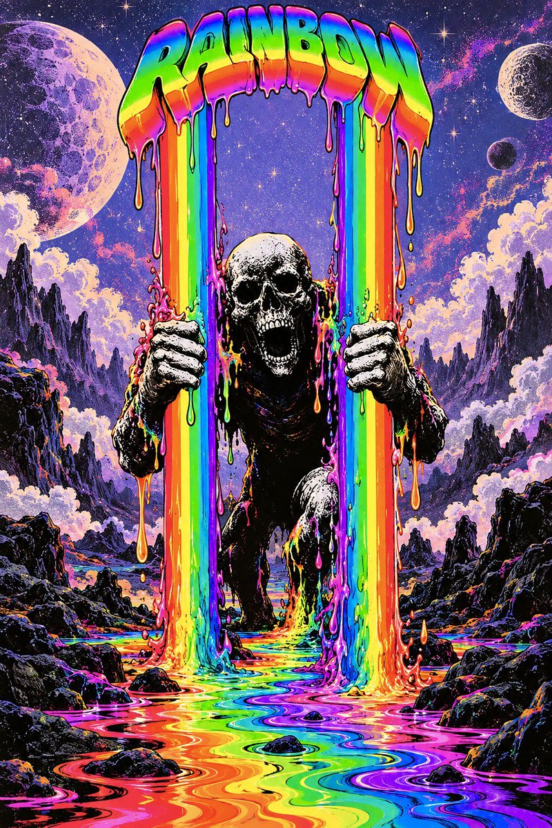 一幅超现实迷幻海报插画,一个骷髅死神身影从高大的彩虹拱门中浮现,双手握住两道垂直流淌的彩色液体,仿佛扯开的帘幕。骷髅头与身体以鲜明的黑白对比呈…, 图片 2